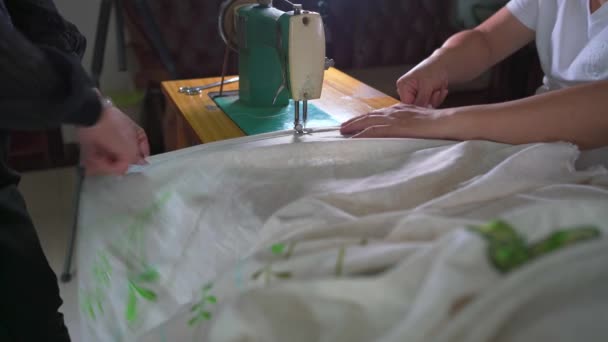 Tailor Sews Curtains Using Traditional Sewing Machine — Stock Video