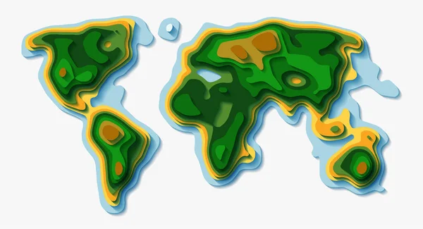 Papercut Estilo Vetorial Mapa Mundo Terra Topográfica Ecologia Fundo —  Vetores de Stock