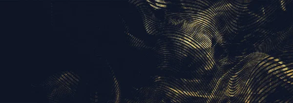 矢量艺术的抽象背景与旋转的半色调烟熏效果 在黑色背景上重叠的金色圆点和线条 — 图库矢量图片
