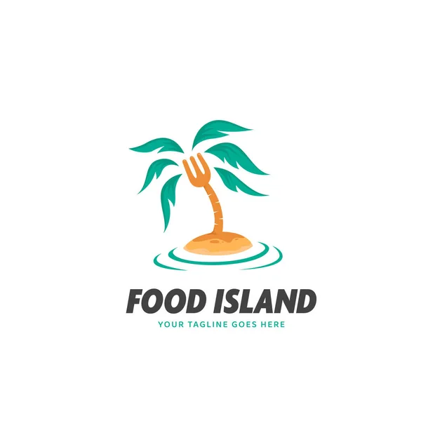 Icône Logo Food Island Avec Fourchette Comme Palmier Sur Île — Image vectorielle