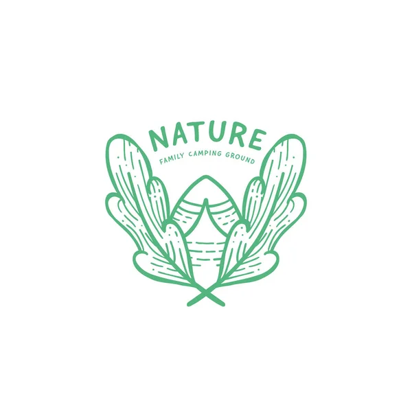 Famiglia Natura Campeggio Logo Mano Disegno Stile Doodle — Vettoriale Stock