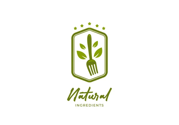 Doğal Malzemeler Logo Damgası Rozeti Çatal Yeşil Yapraklı Taze Organik — Stok Vektör