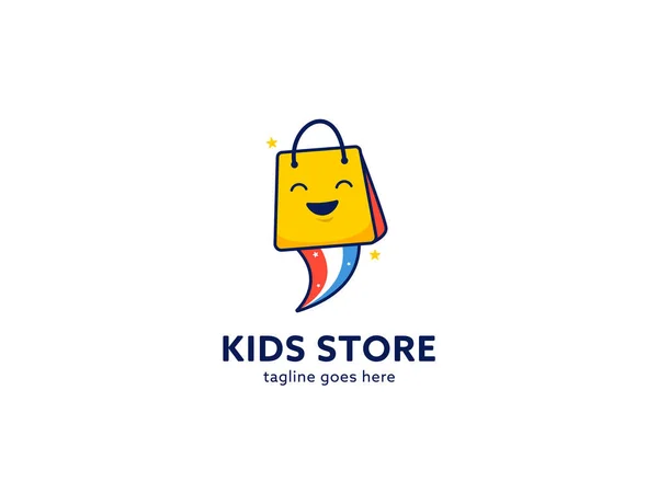 Kids Online Winkel Markt Logo Met Vrolijke Boodschappentas Pictogram Mascotte — Stockvector