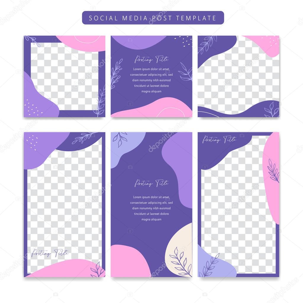 purple violet aesthetic elegant floral rustic abstract style instagram social media background post and story posting template set