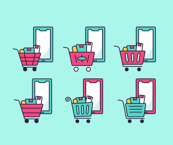 Ecommerce Compras Línea Por Icono Del Teléfono Inteligente Colección Conjunto — Archivo Imágenes Vectoriales