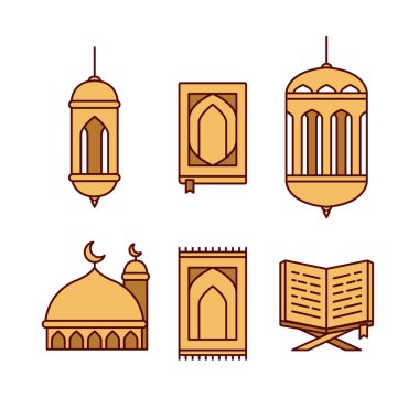 Sarı altın rengi Ramazan ikonu. Fener lambası, Kuran kitabı, cami ve namaz örtüsü.