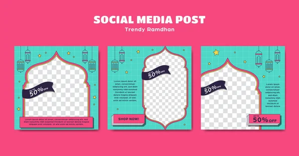 Editable Instagram Cuadrado Post Plantilla Ramadán Islámico Conjunto Estilo Colorido — Vector de stock