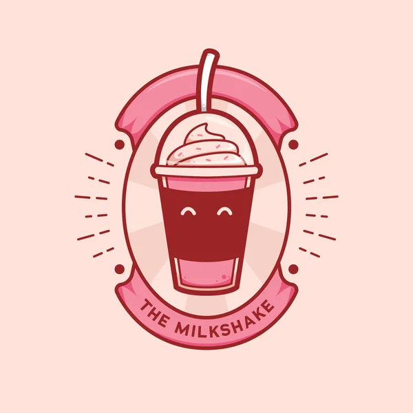 Şirin Pembe Çilekli Milkshake Bardağı Logo Maskotu Karikatür Rozeti — Stok Vektör