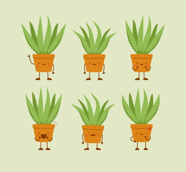 Bonito Planta Aloevera Pote Personagem Desenho Animado Mascote Conjunto Vetor — Vetor de Stock