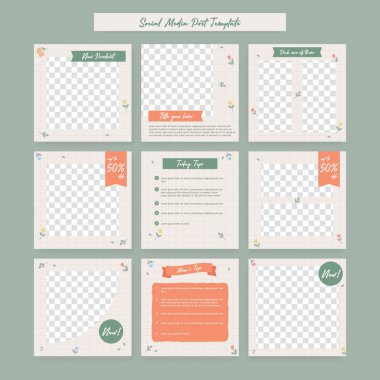 Estetik bahar sezonu Instagram sosyal medya kare şablon seti ile pastel karalama çiçek