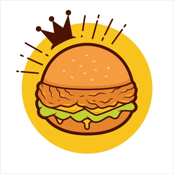 Rey Pollo Crujiente Hamburguesa Icono Logotipo Ilustración Con Corona — Vector de stock