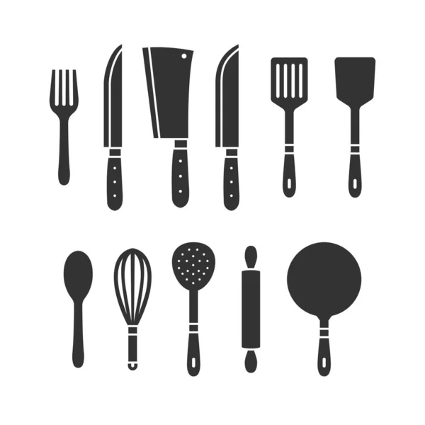 Kitchenware Cooking Utensil Icon Vector Silhouette Set — Stock Vector