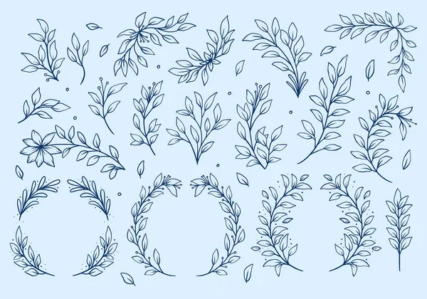 Flower Leaf Leaves Vector Outline Set Collection Rustic Hand Drawing — Wektor stockowy