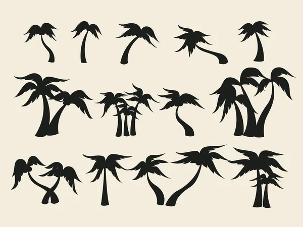 Coconut Palm Trees Vector Silhouette Collection Set Curve Shape Tall — Stock Vector
