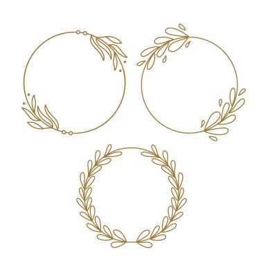 gold outline circle laurel wreath flower leaves in doodle hand drawn style