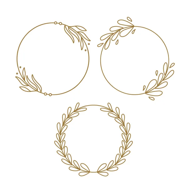 Gold Outline Circle Laurel Wreath Flower Leaves Doodle Hand Drawn — Vettoriale Stock