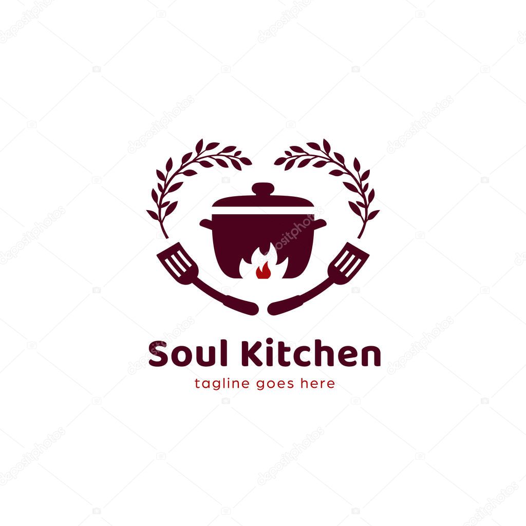 Hot pot soul food soul kitchen logo with love frame. Lovely home made food kitchen restaurant logo icon template