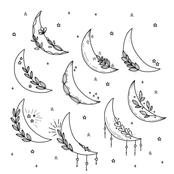 Ensemble Doodle Lune Rustique Avec Fleur Feuille Esthétiques Décoration Élément — Image vectorielle