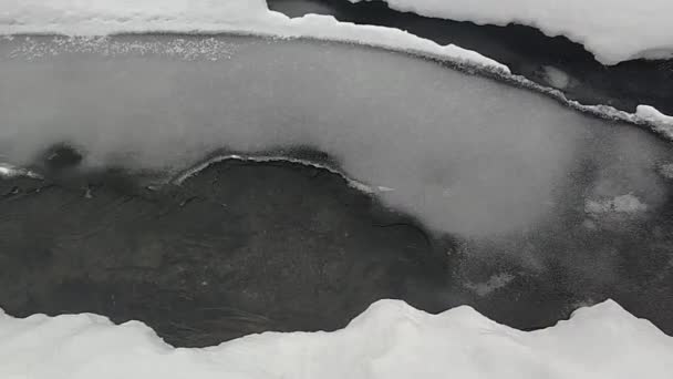 El río fluye bajo la nieve descongelada en invierno. — Vídeos de Stock