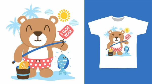 Bear Fishing Cartoon Tshirt Concept Design — Stock Vector