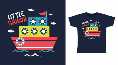 Küçük Sailor Kids tişörtü gemi resimli tasarım tipografisi