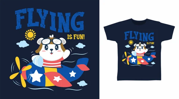 Cute Pilot Bear Cartoon Tshirt Art Design — ストックベクタ
