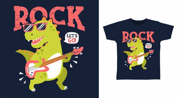 Dinosaurus Rock Cartoon Tshirt Art Design — Stockvector