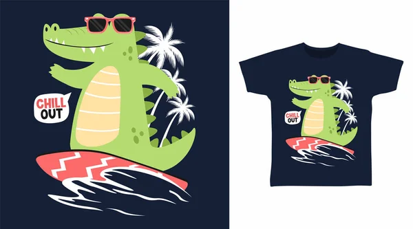 Cute Crocodile Surfing Cartoon Tshirt Art Design — Stock Vector