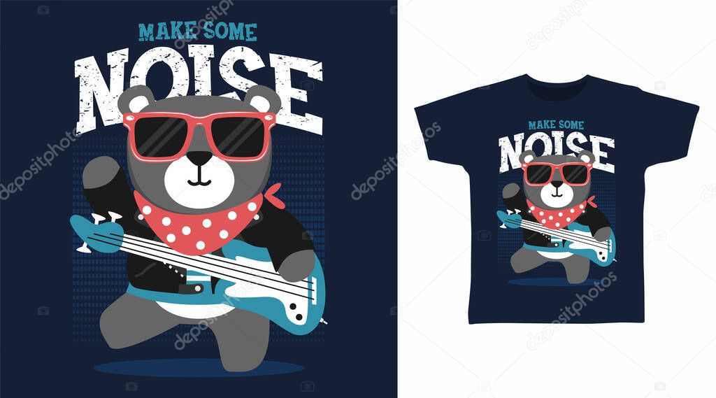 Cute bear with guitar cartoon tshirt art designs