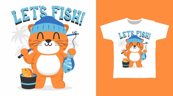 Cute Cat Fishing Cartoon Tshirt Art Design — Stock Vector