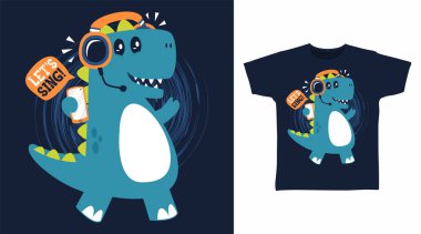Kulaklık, karikatür tişört ve kıyafet tasarımlı dinozor.