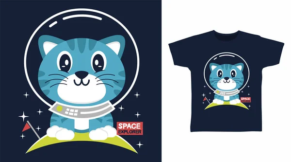 宇宙飛行士猫漫画のTシャツとアパレルデザイン — ストックベクタ