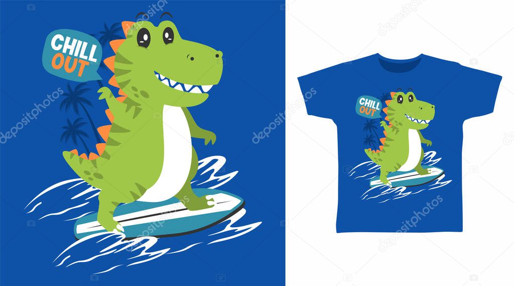 Dinosaur surf cartoon tshirt and apparel designs