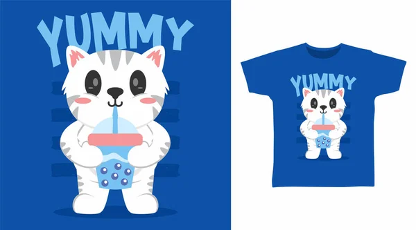 かわいい白い猫の漫画のTシャツとアパレルデザイン — ストックベクタ