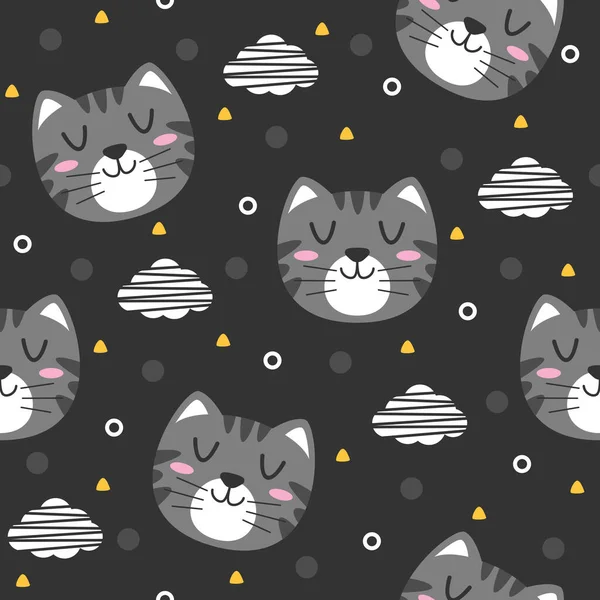 Lindo Gris Gato Patrón Dibujos Animados Fondo — Vector de stock