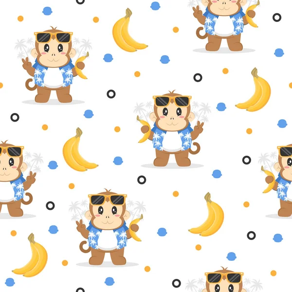 Милые Банановые Обезьяны Мультфильм Модные Шаблоны Фоновых Концепций — стоковый вектор