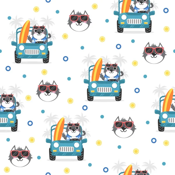 Cute Kitten Car Cartoon Trendy Pattern Background Concepts — Image vectorielle