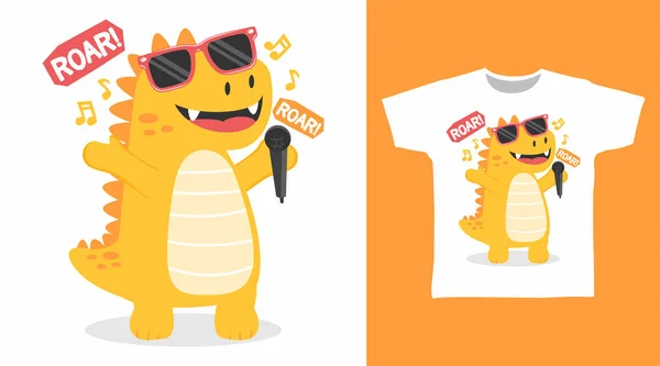 Funny Dinosaur Sing Cartoon Tshirt Art Designs — Stock Vector