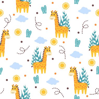 Şirin zürafa çizgi film vektör desen tasarımı kavramları.