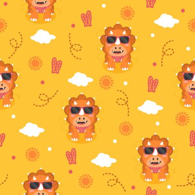 Gözlüklü Triceratops çizgi film vektör desen tasarımı kavramları.