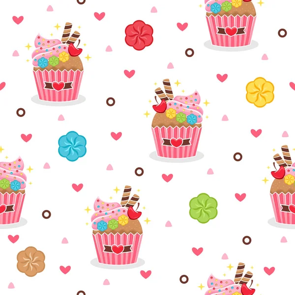 Niedliche Erdbeer Cupcake Cartoon Vektor Muster Hintergründe — Stockvektor