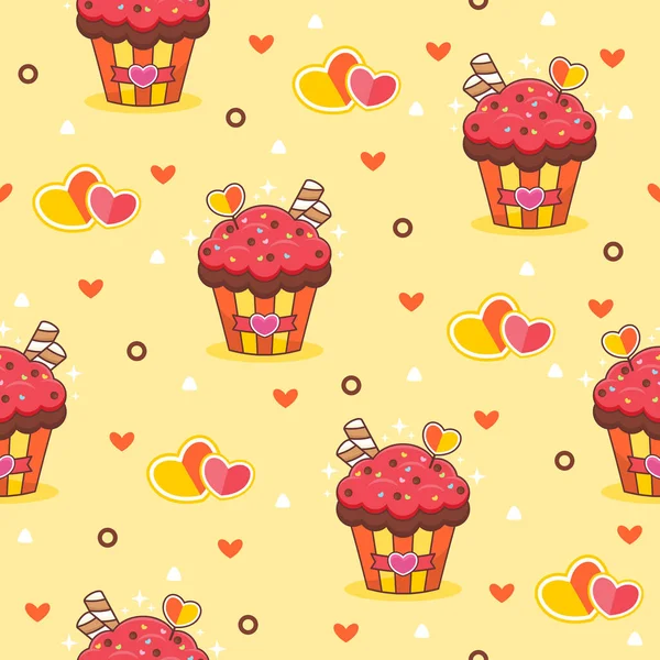 Cute Strawberry Cupcake Cartoon Vector Pattern Background — Stock Vector