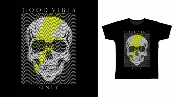 Good Vibes Skull Head Line Art Vector Illustration Shirt Design — Stock Vector