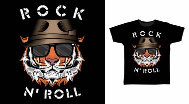 Tiger Head Rock N 'Roll Şapka vektör illüstrasyon tişört tasarımı konseptiyle.