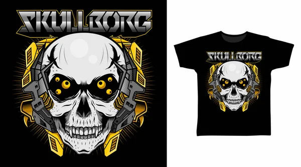 Mechanical Skull Gold Eyes Vektor Illustration Shirt Design Concept — Stockový vektor