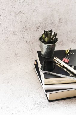 Evde çalışmak, serbest çalışmak, bir sürü defter, kalem, iş ortamı.