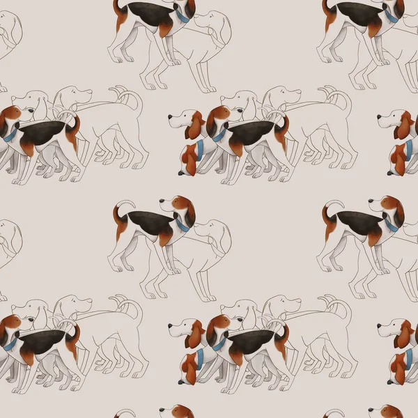Мисливські собаки гончаки на сірому фоні. безшовний візерунок — стокове фото