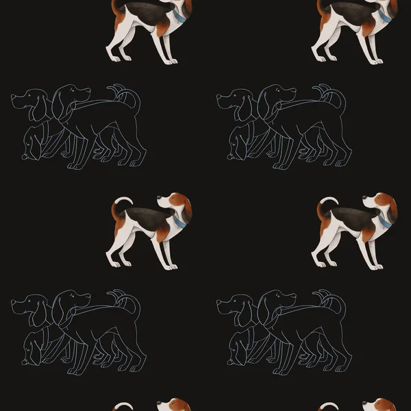 Płynny wzór ze stadem psów myśliwskich na czarnym tle. — Zdjęcie stockowe