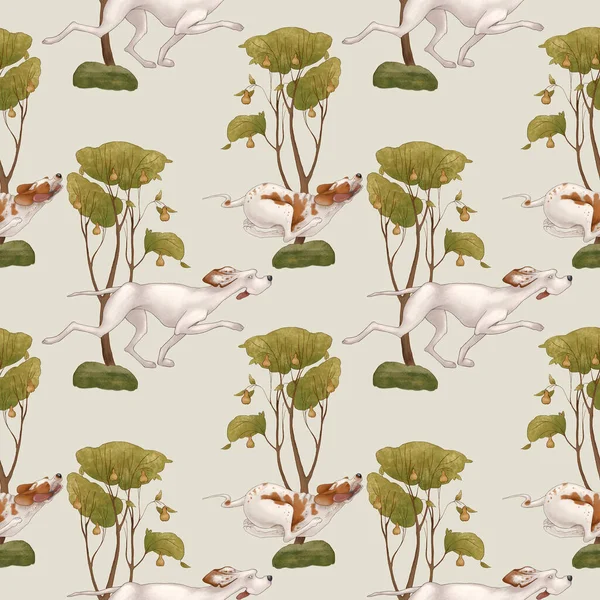 Απρόσκοπτη μοτίβο σε ανοιχτό πράσινο φόντο. Κυνηγόσκυλα τρέχουν μέσα στο δάσος, κυνηγούν. — Φωτογραφία Αρχείου