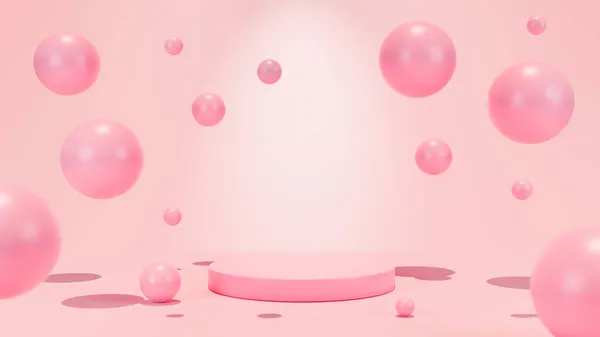 Kürsü, pembe arka planda yüzen inciler olan kaide. Kozmetik ürünlerinin sunumu için 3D illüstrasyon.